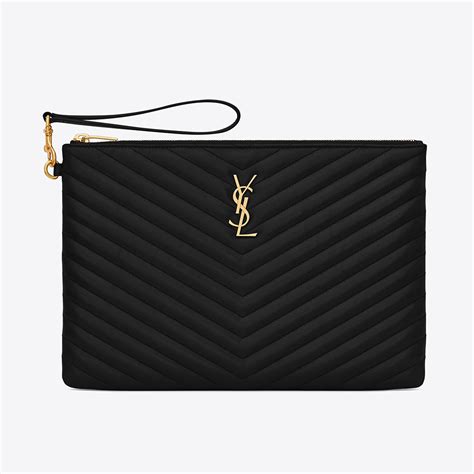 Saint Laurent Ladies Black Matelasse Leather Monogram Pouch 